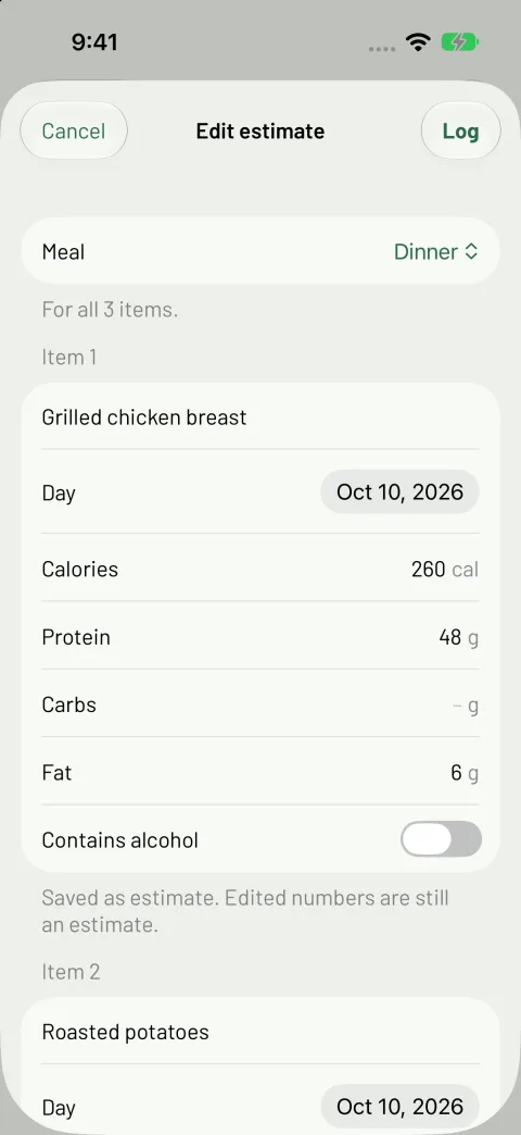 The Edit estimate sheet: the meal for all three items, then the first item, a grilled chicken breast, with its day, 260 calories, 48 g protein and 6 g fat, and a note that edited numbers are still an estimate.