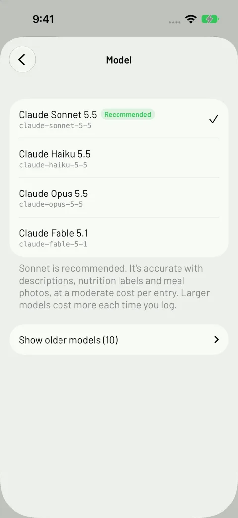 The Model screen: Claude Sonnet 5.5 (recommended) is selected, with Haiku 5.5, Opus 5.5 and Fable 5.1 as other choices, a note that larger models cost more each time you log, and a link to older models.