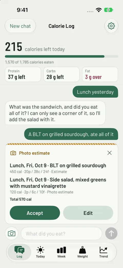 A photo of a salad with the corner of a sandwich, sent with "Lunch yesterday". The app asks what the sandwich was, then shows a Photo estimate card for Friday's lunch: BLT on grilled sourdough 450 cal and side salad 120 cal, total 570 cal, with Accept and Edit.