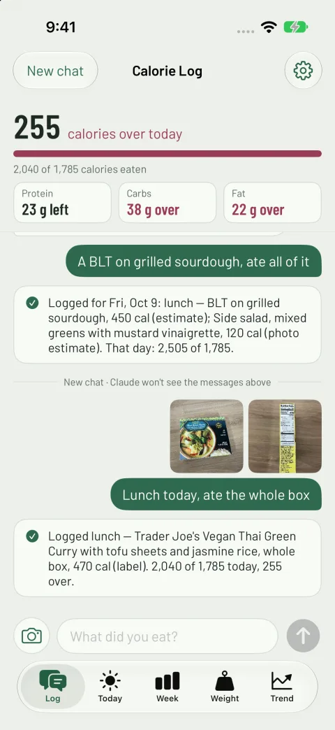 Two photos sent together, the front of a frozen meal box and its Nutrition Facts panel, with "Lunch today, ate the whole box". The app logs it at once: Trader Joe's Vegan Thai Green Curry, 470 cal (label), 255 calories over for the day.