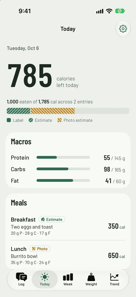 The Today screen: 785 calories left, with protein, carbs and fat bars and the day's meals.
